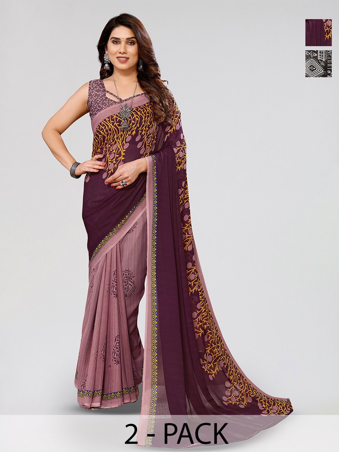 

ANAND SAREES Selection Of 2 Ethnic Motifs Printed Saree, Black