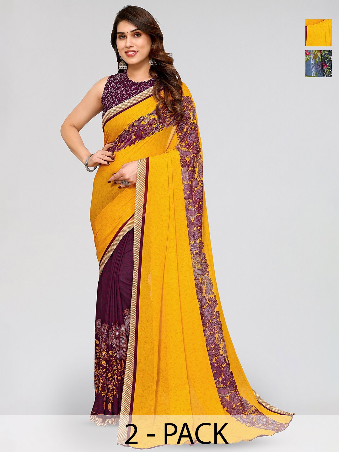 

ANAND SAREES Selection Of 2 Floral Printed Sarees, Yellow