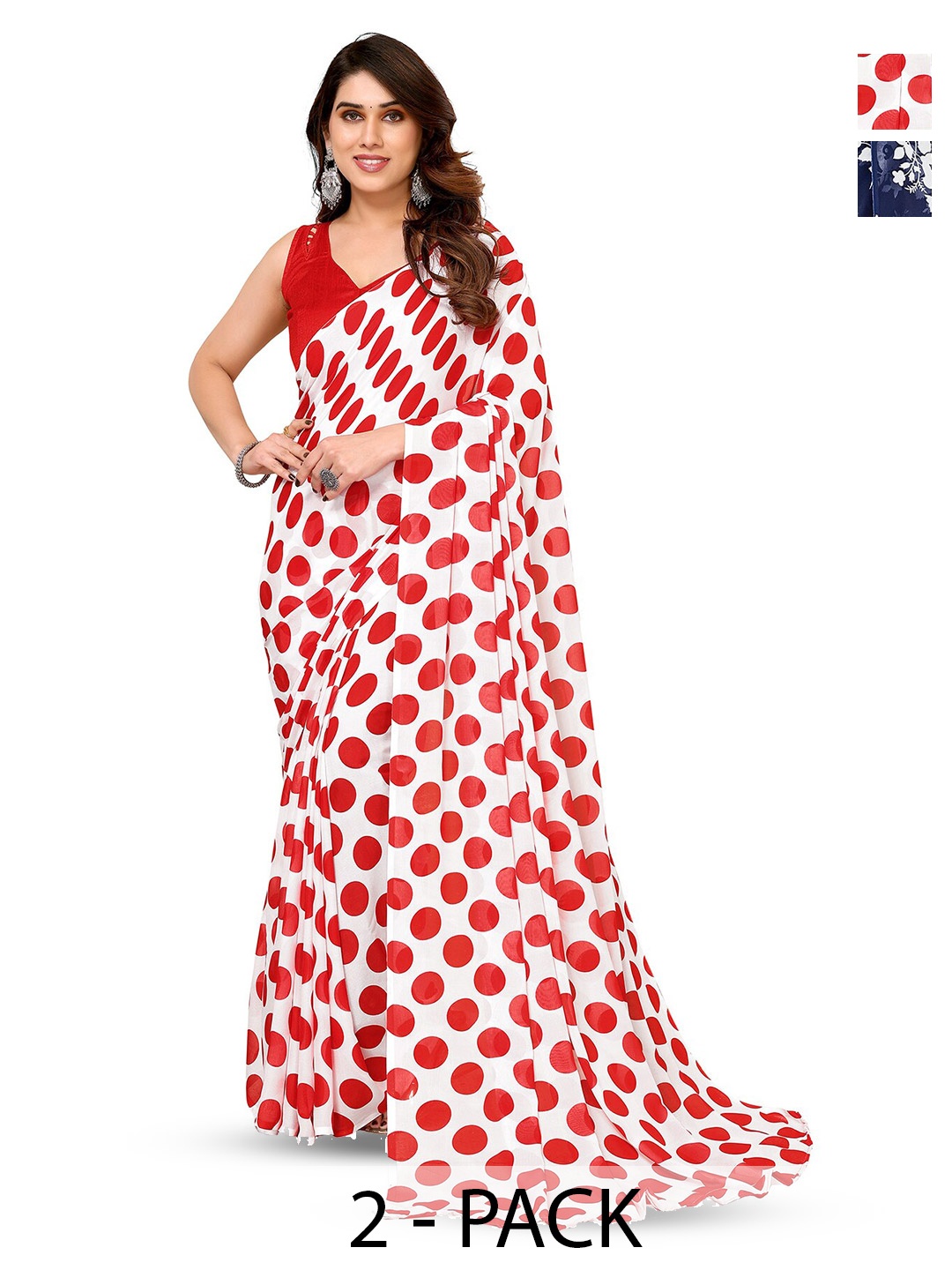 

ANAND SAREES Selection Of 2 Polka Dots Printed Sarees, White