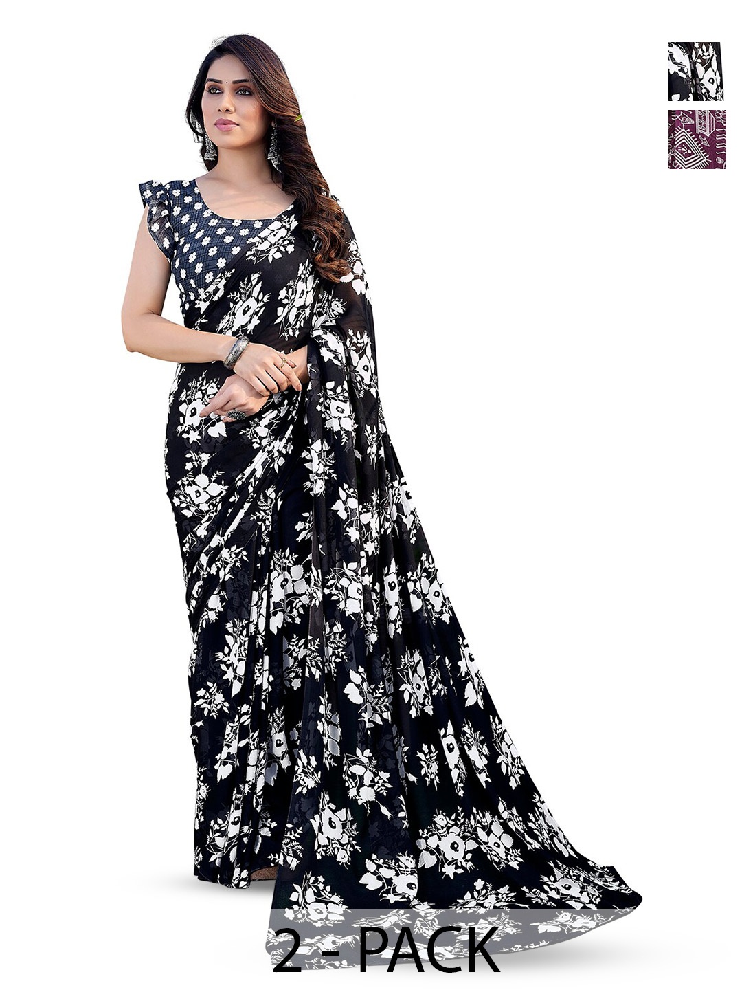 

ANAND SAREES Pack Of 2 Floral Printed Georgette Saree, Black