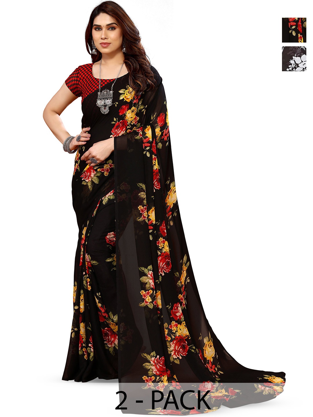 ANAND SAREES Selection Of 2 Printed Sarees, Brown