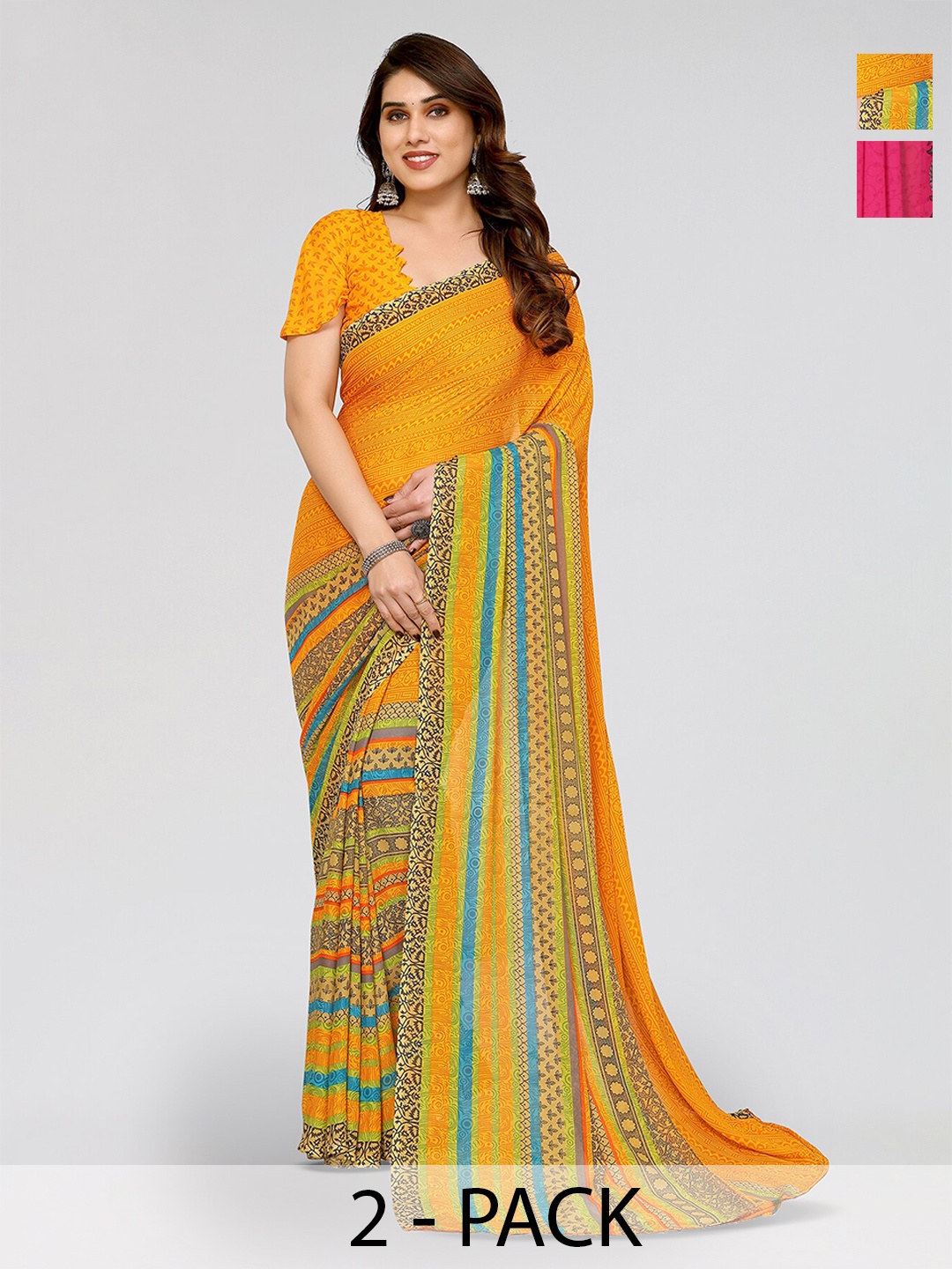 

ANAND SAREES Selection Of 2 Floral Printed Sarees, Yellow