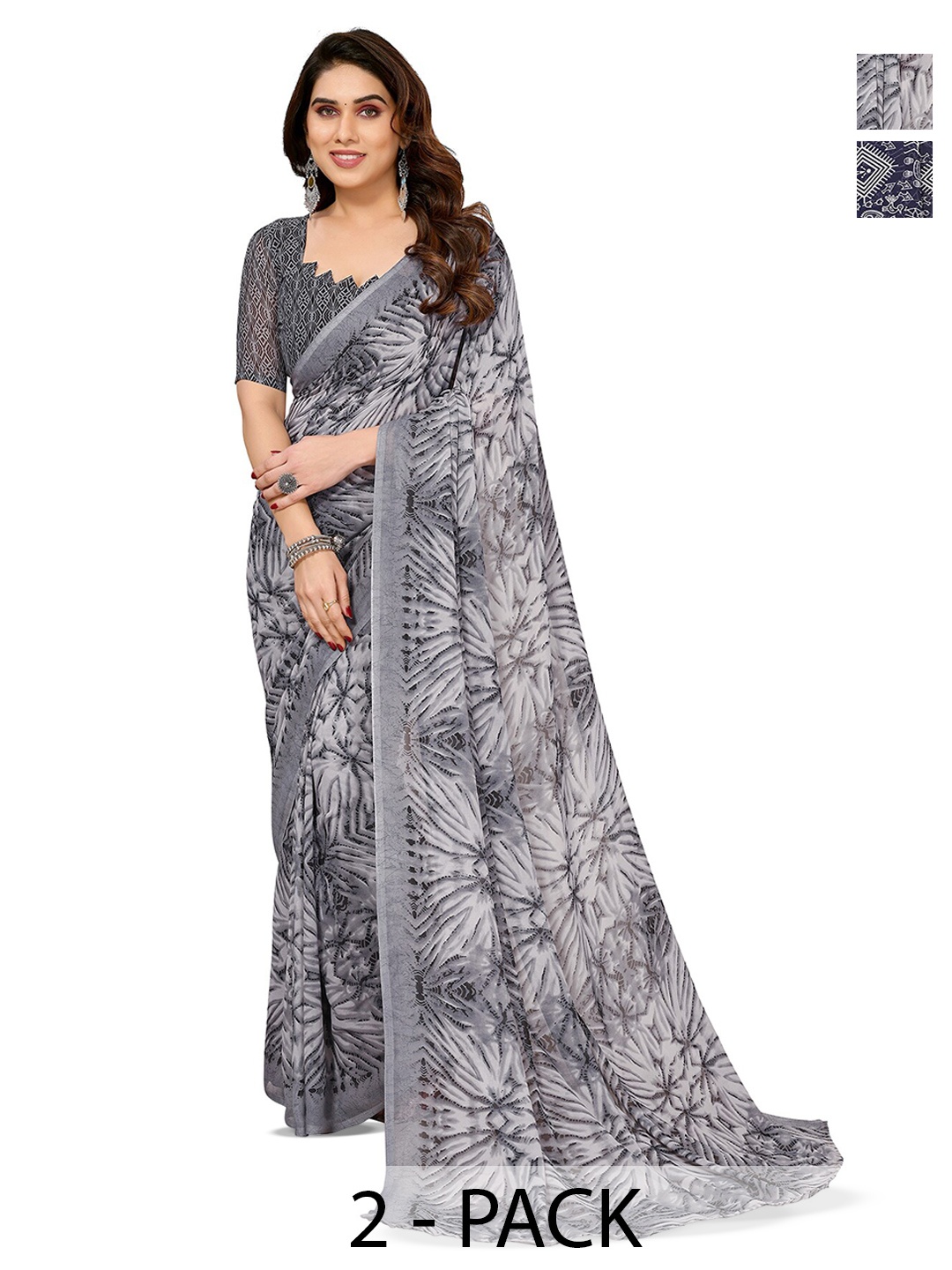 

ANAND SAREES Selection Of 2 Ethnic Motifs Printed Saree, Navy blue