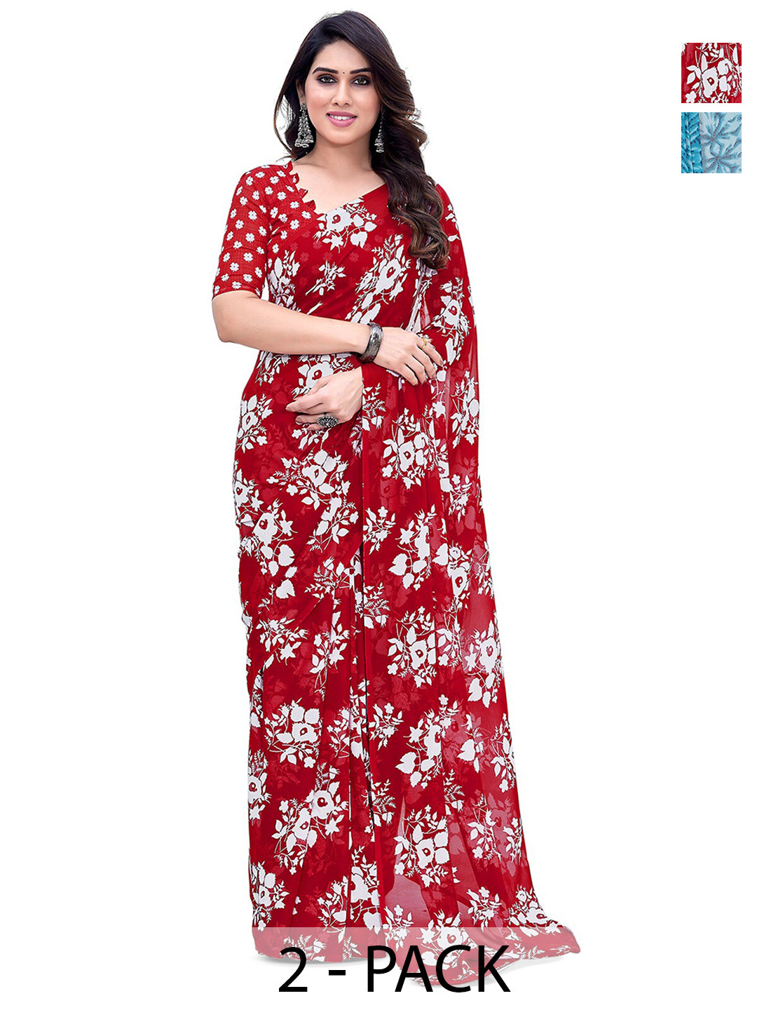 

ANAND SAREES Selection Of 2 Floral Printed Saree, Red