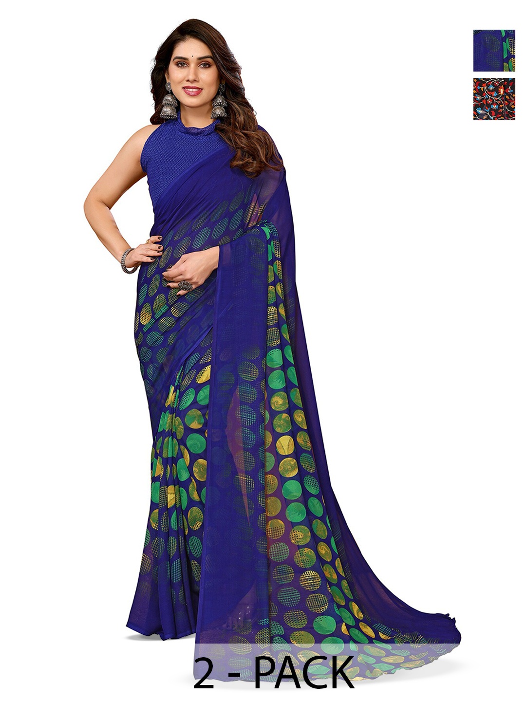 

ANAND SAREES Selection Of 2 Geometric Printed Sarees, Blue