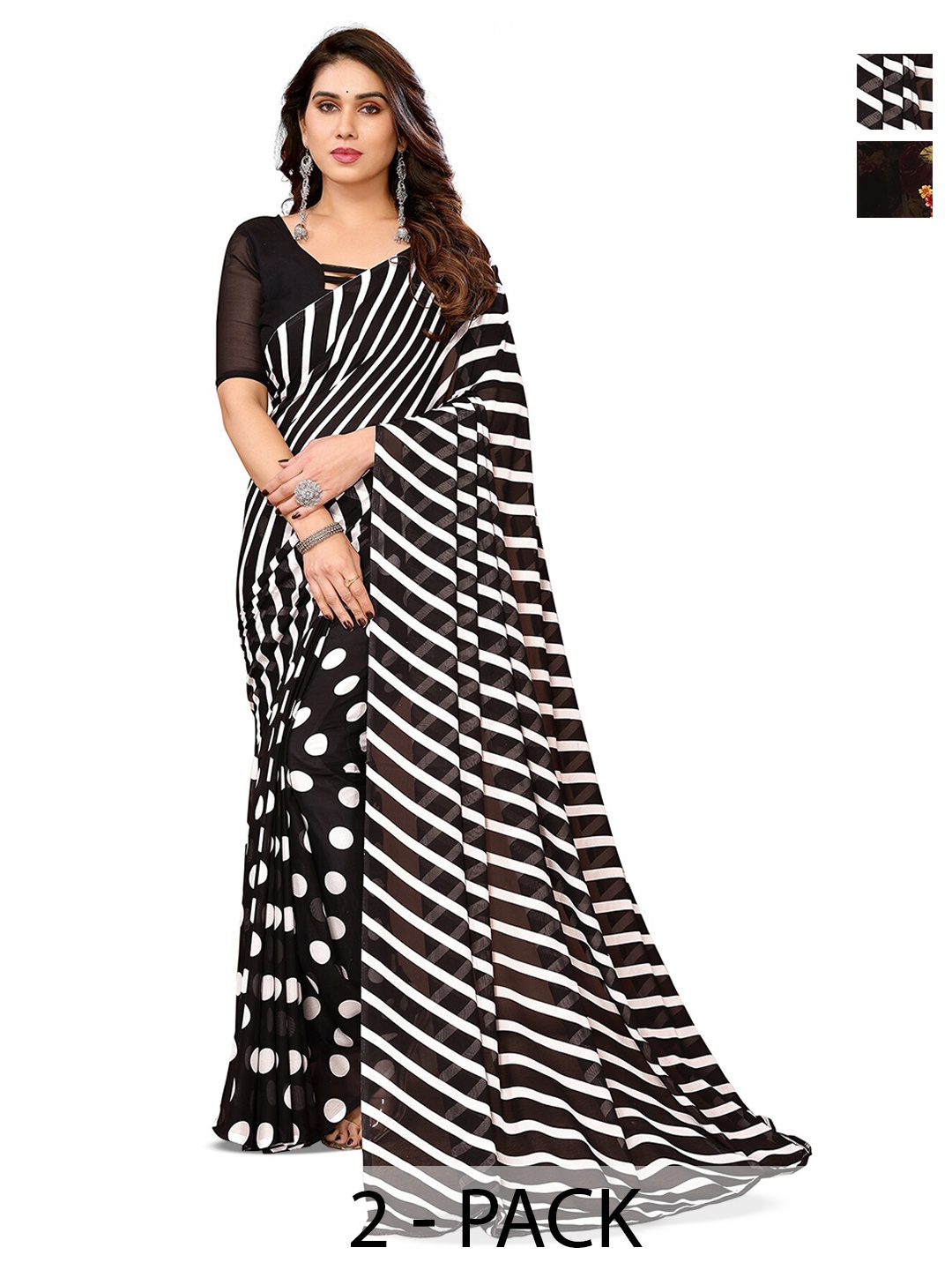 

ANAND SAREES Selection Of 2 Striped Printed Sarees, Black