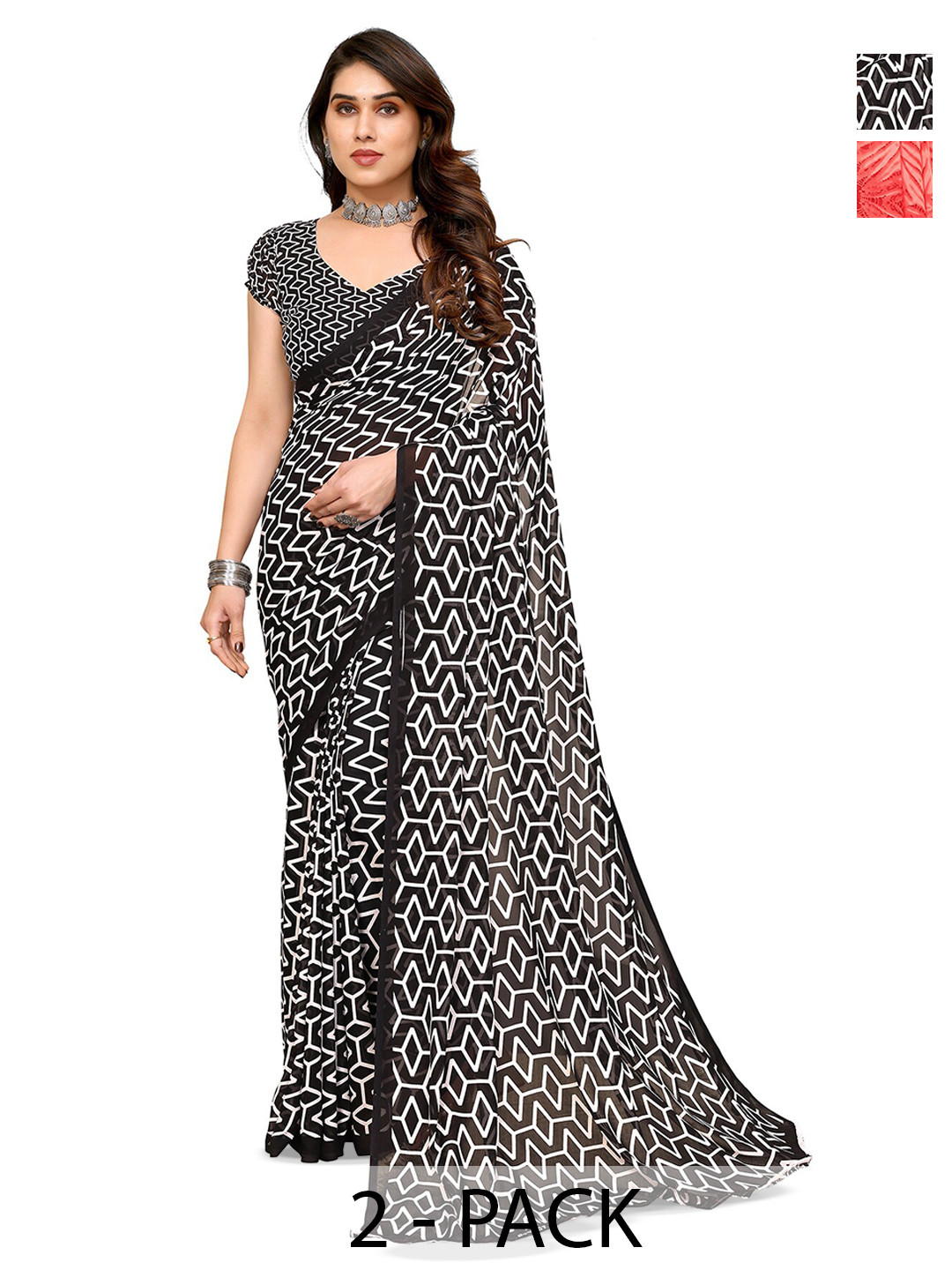 

ANAND SAREES Selection of 2 Abstract Printed Sarees, Red