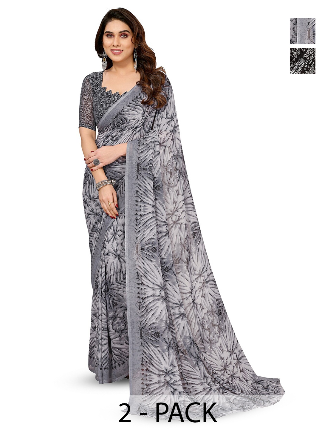 

ANAND SAREES Selection Of 2 Abstract Printed Sarees, Black