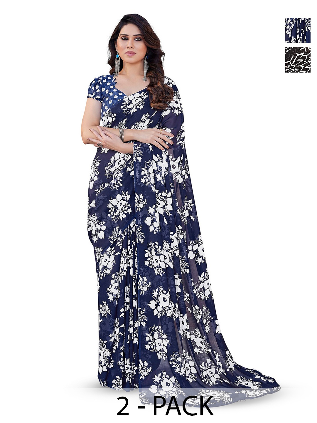 

ANAND SAREES Selection Of 2 Floral Printed Sarees, Black