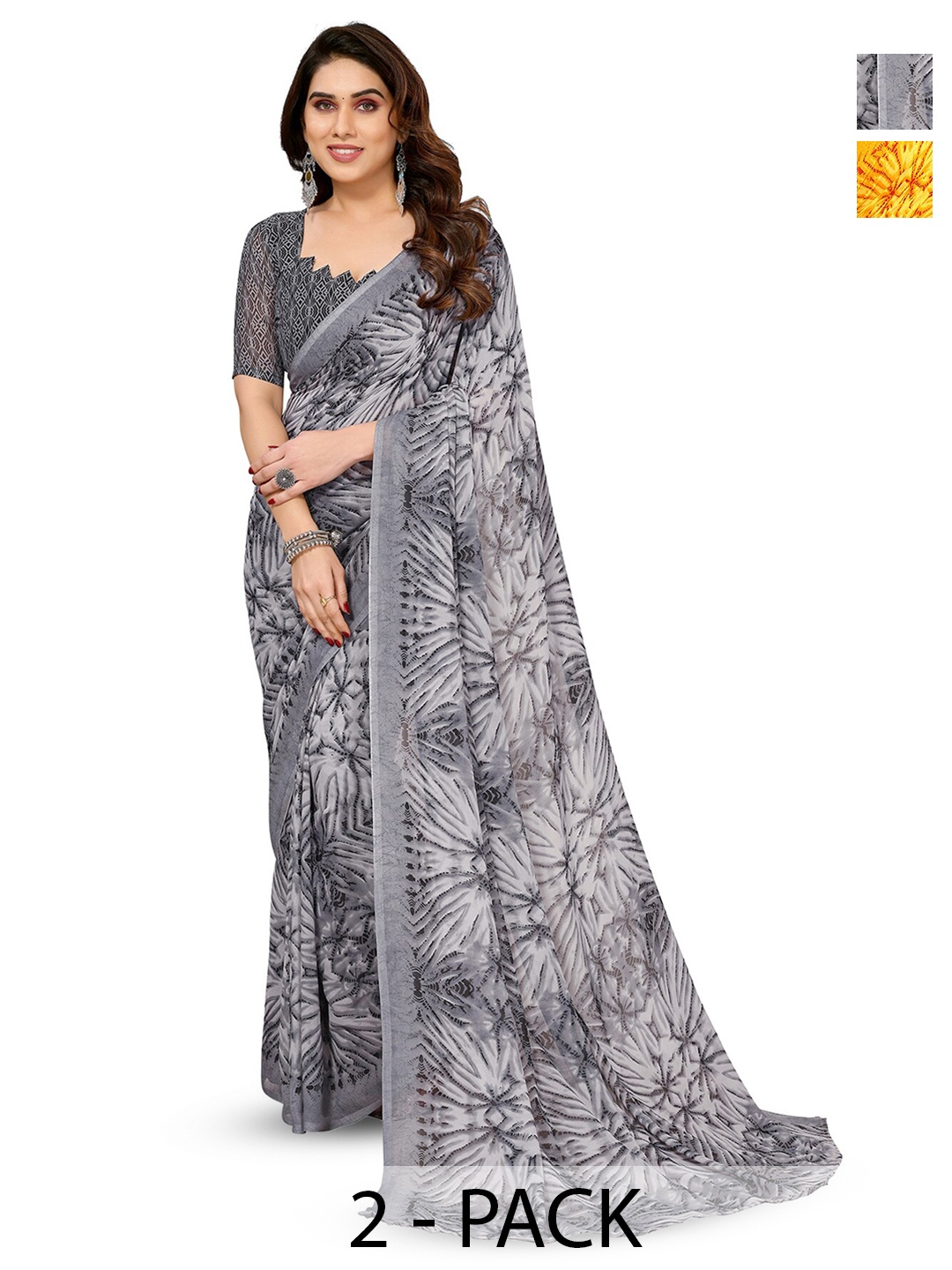 

ANAND SAREES Selection of 2 Abstract Printed Sarees, Grey