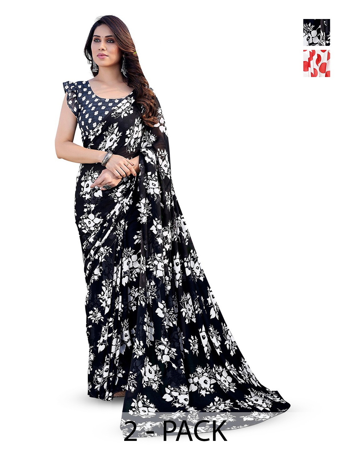 

ANAND SAREES Selection Of 2 Polka Dot Printed Saree, Black