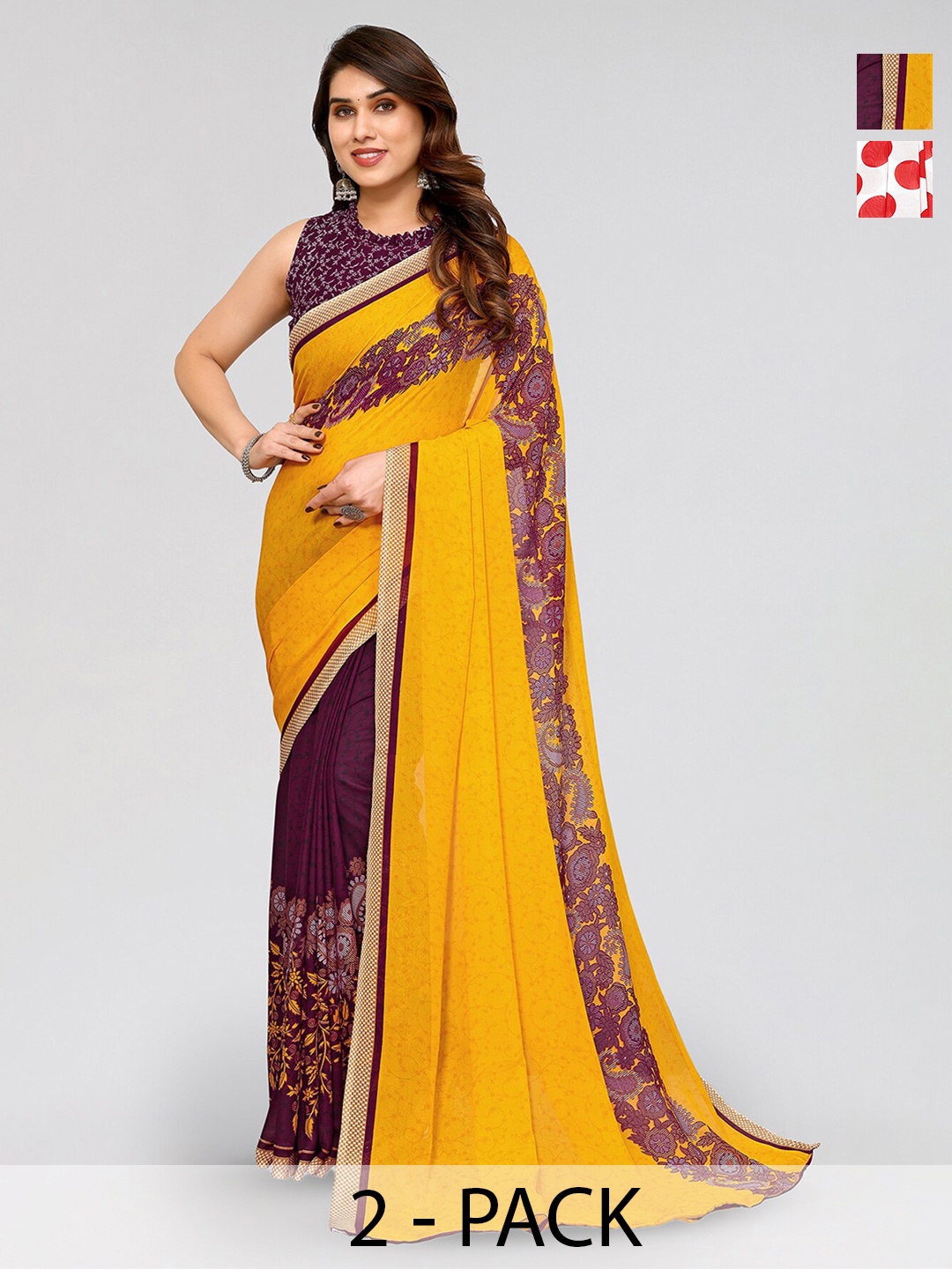 

ANAND SAREES Selection of 2 Polka Dots Printed Sarees, Red