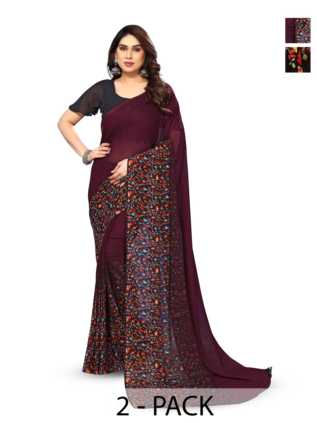 

ANAND SAREES Selection Of 2 Ethnic Motifs Printed Saree, Black