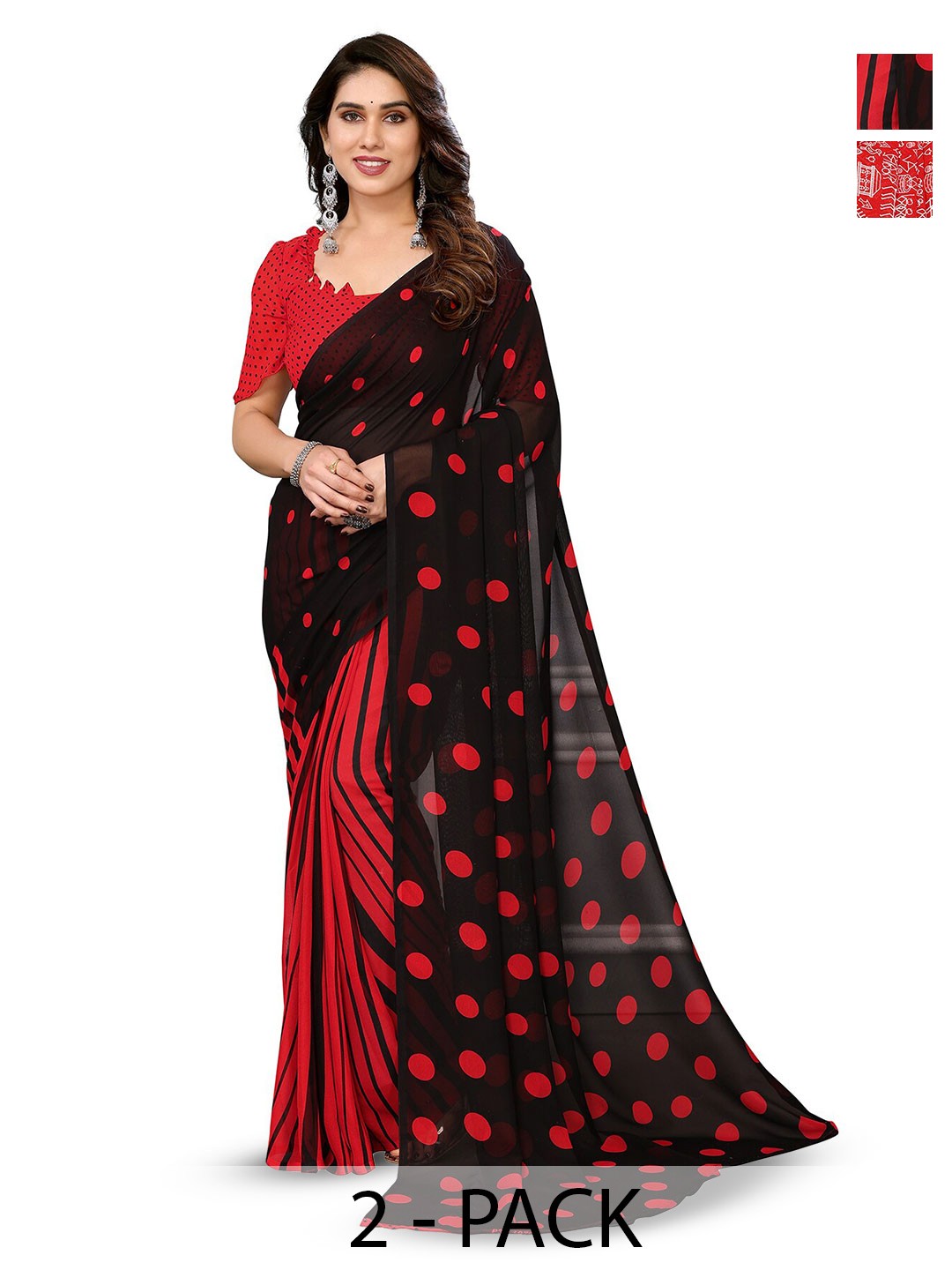 

ANAND SAREES Selection Of 2 Polka Dot Printed Saree, Red