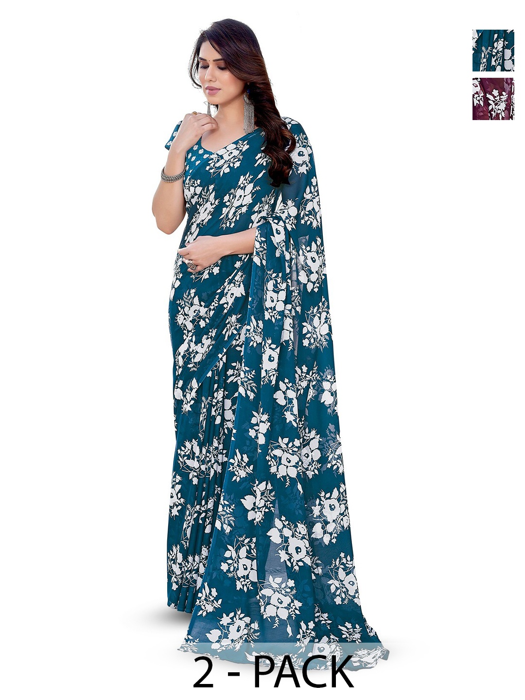 

ANAND SAREES Selection Of 2 Floral Printed Sarees, Maroon