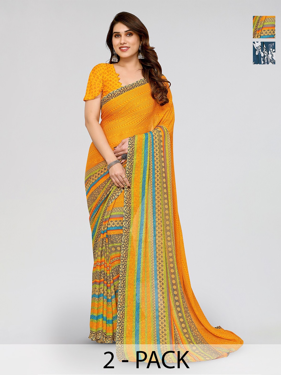 

ANAND SAREES Selection Of 2 Floral Printed Sarees, Yellow