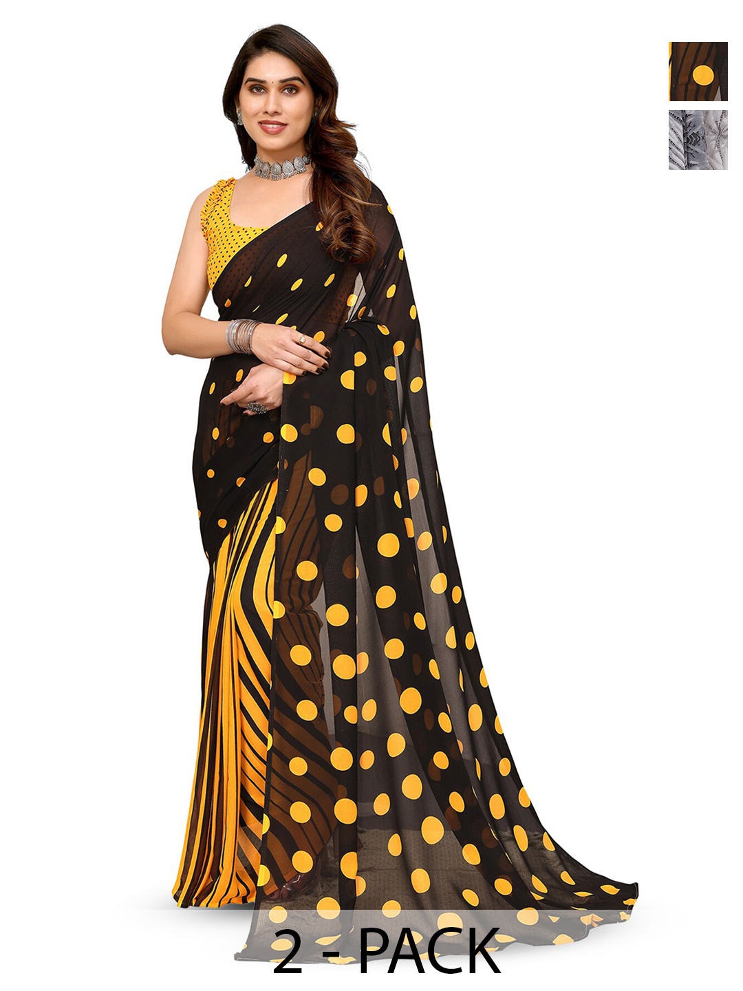 

ANAND SAREES Selection Of 2 Polka Dot Printed Saree, Black
