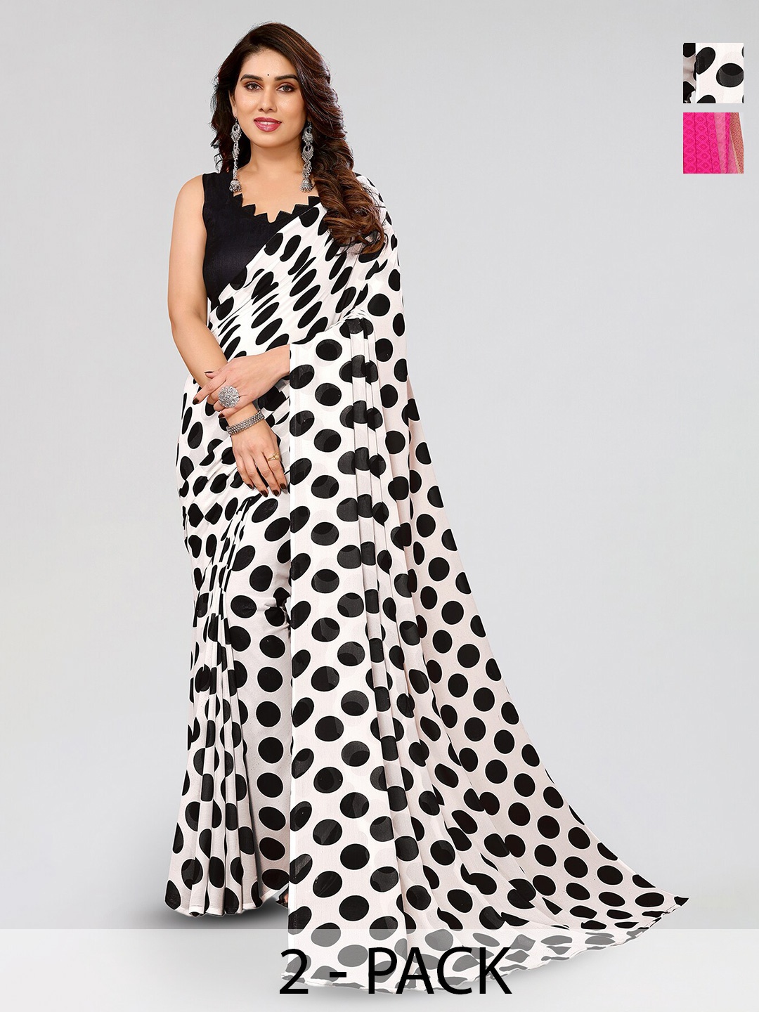 

ANAND SAREES Selection Of 2 Polka Dot Printed Saree, Black