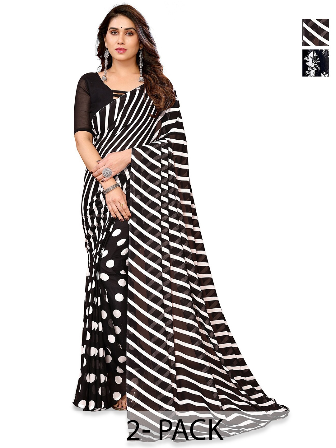 

ANAND SAREES Selection of 2 Striped Printed Sarees, Black