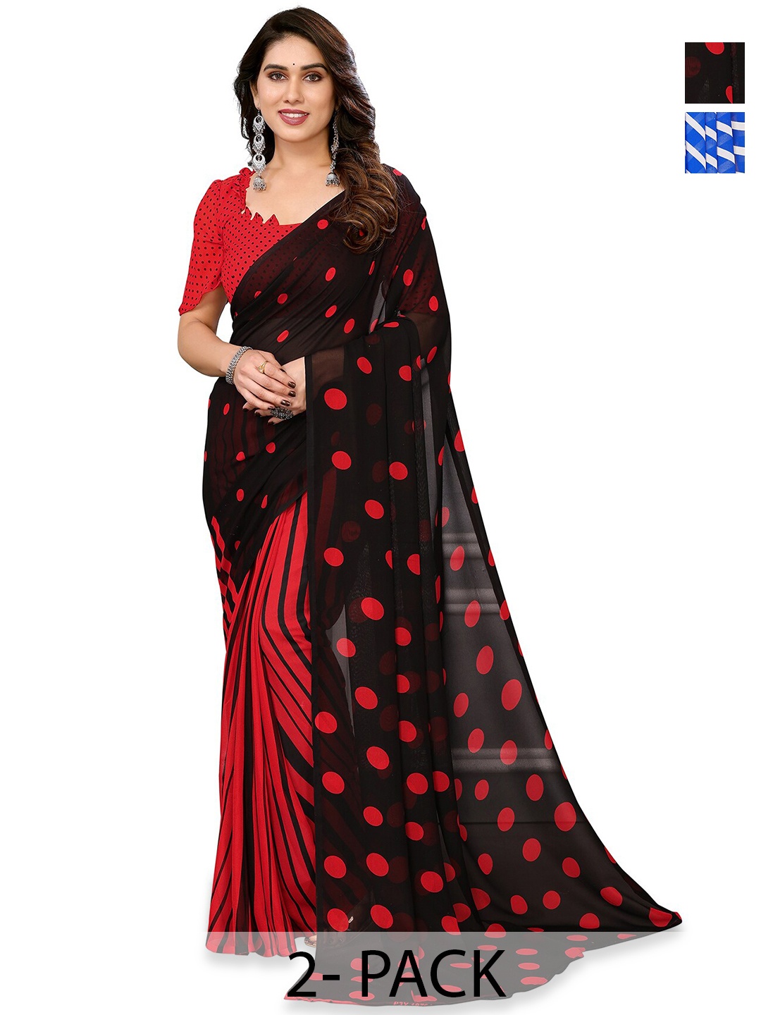 

ANAND SAREES Selection Of 2 Polka Dot Printed Sarees, Blue
