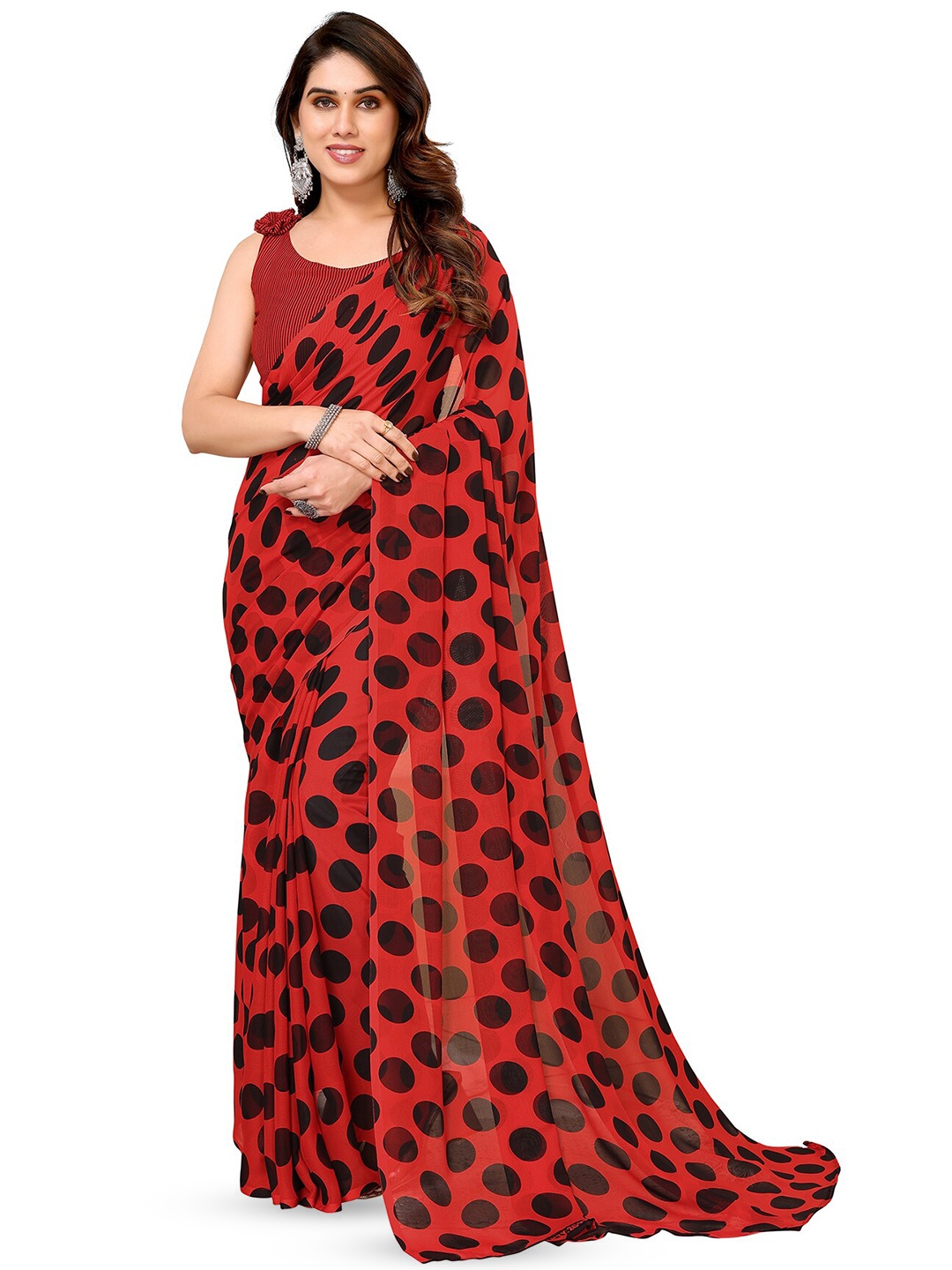 

ANAND SAREES Selection of 2 Polka Dots Printed Sarees, Red