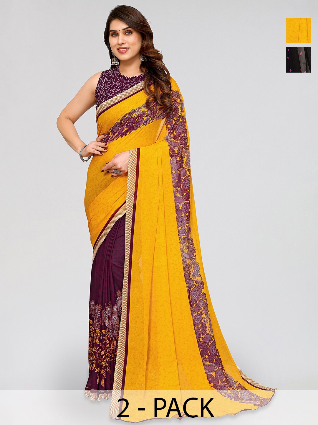 

ANAND SAREES Selection Of 2 Polka Dots Printed Sarees, Yellow