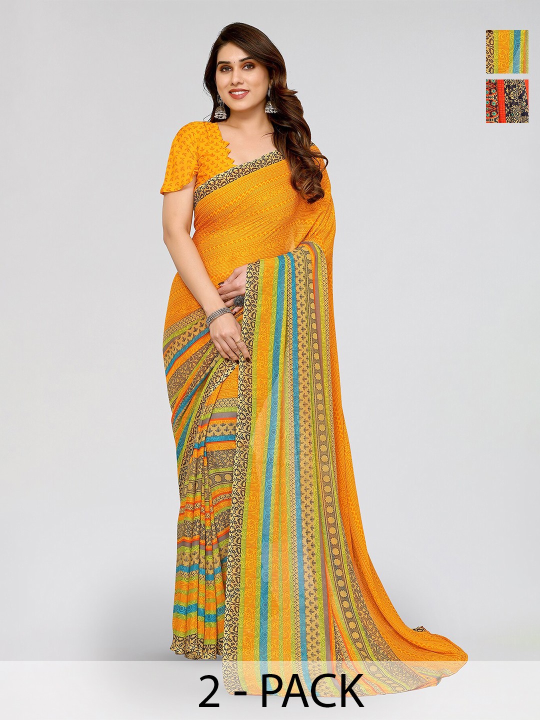

ANAND SAREES Selection Of 2 Floral Printed Sarees, Yellow