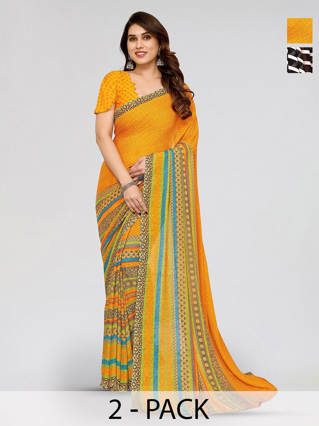 

ANAND SAREES Selection Of 2 Striped Printed Sarees, Yellow