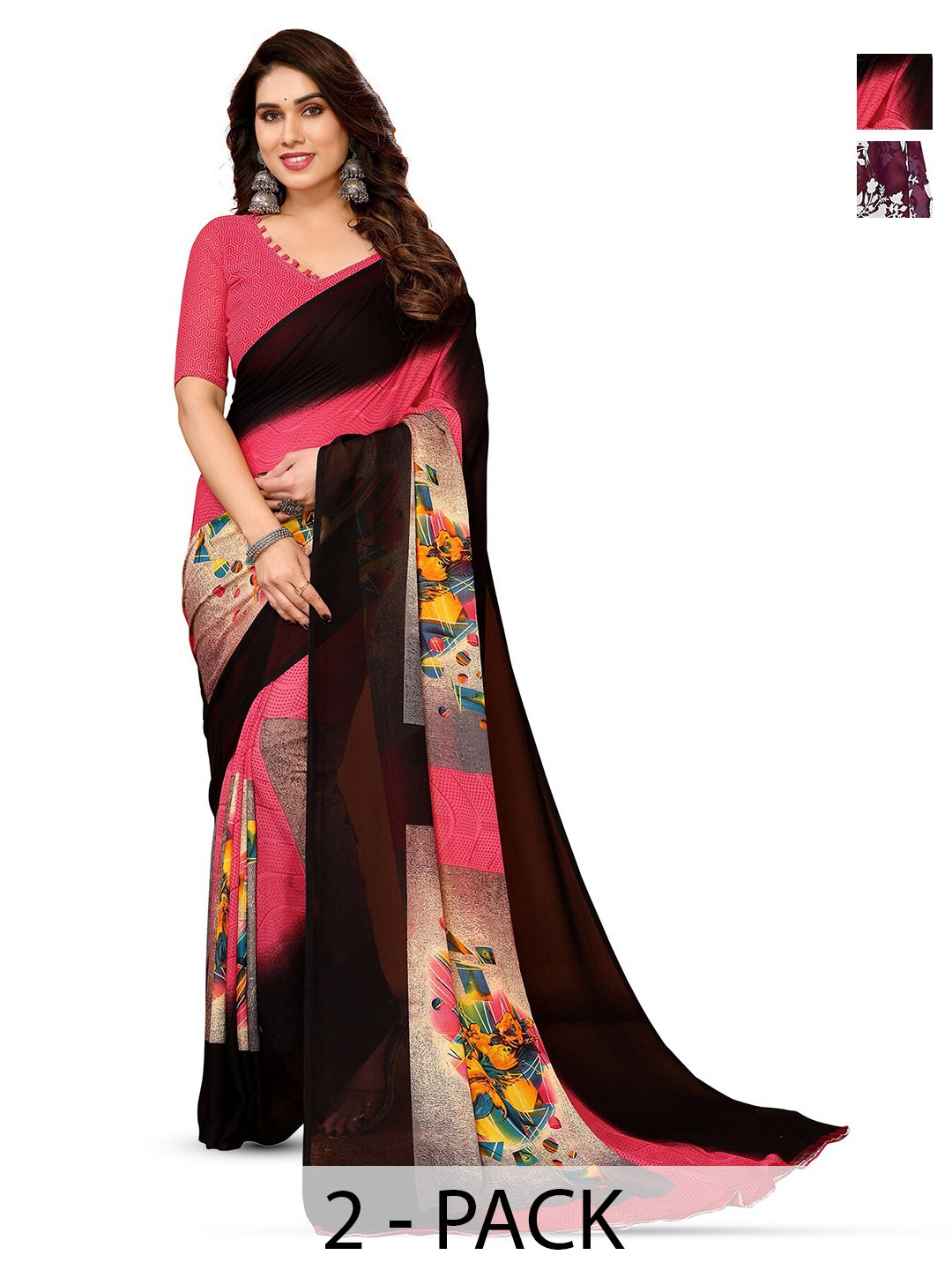 

ANAND SAREES Selection Of 2 Ethnic Motifs Printed Sarees, Burgundy