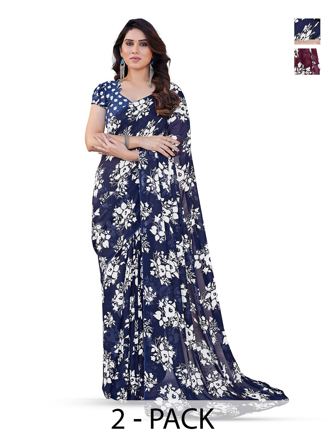 

ANAND SAREES Selection of 2 Floral Printed Sarees, Burgundy