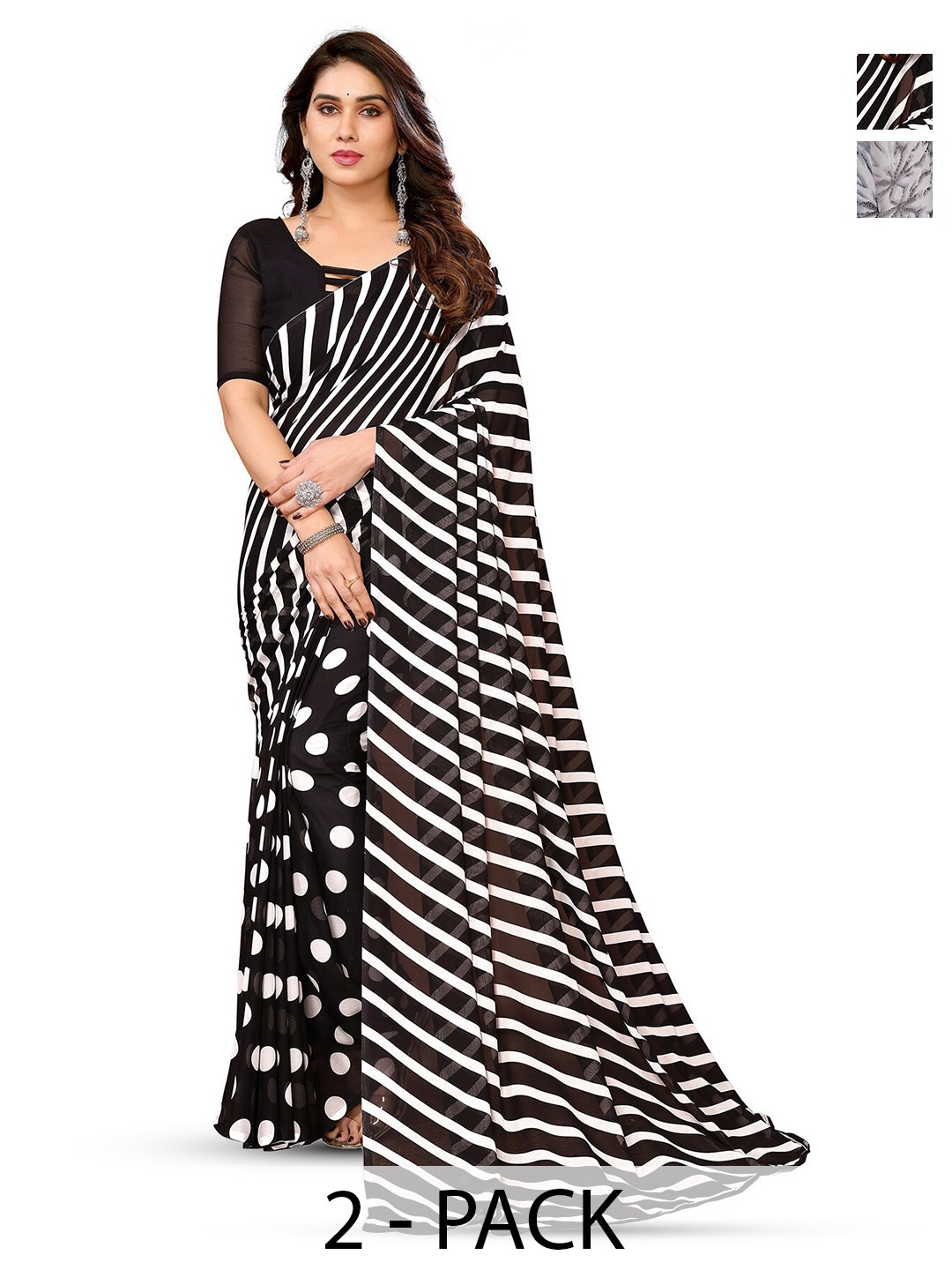 

ANAND SAREES Selection Of 2 Abstract Printed Sarees, Black