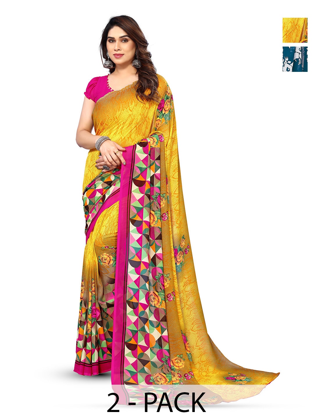 

ANAND SAREES Selection Of 2 Floral Printed Sarees, Teal
