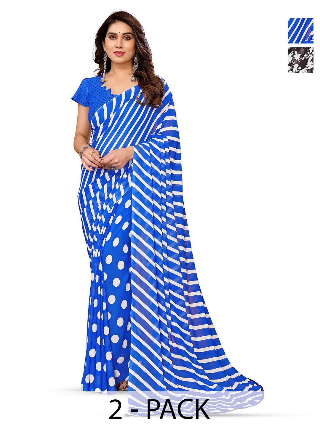 

ANAND SAREES Selection Of 2 Striped Printed Sarees, Blue