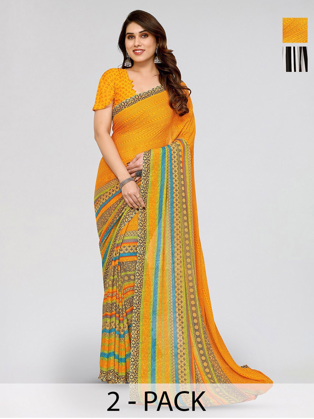

ANAND SAREES Selection of 2 Striped Printed Sarees, Black