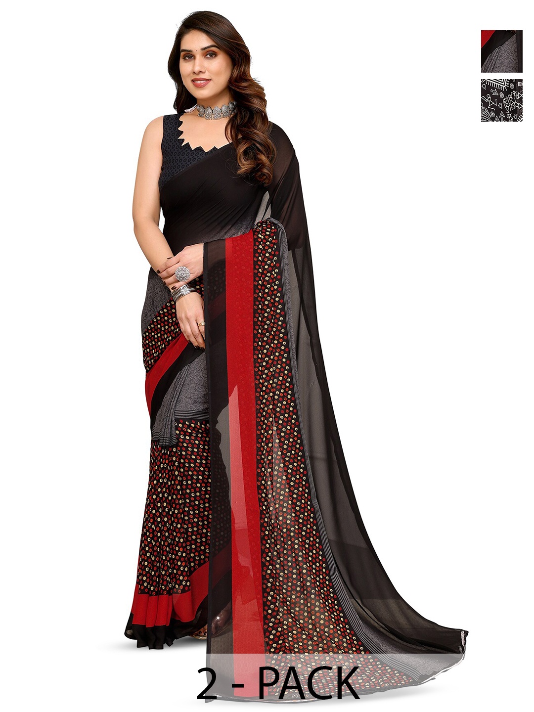 

ANAND SAREES Selection Of 2 Geometric Printed Sarees, Black