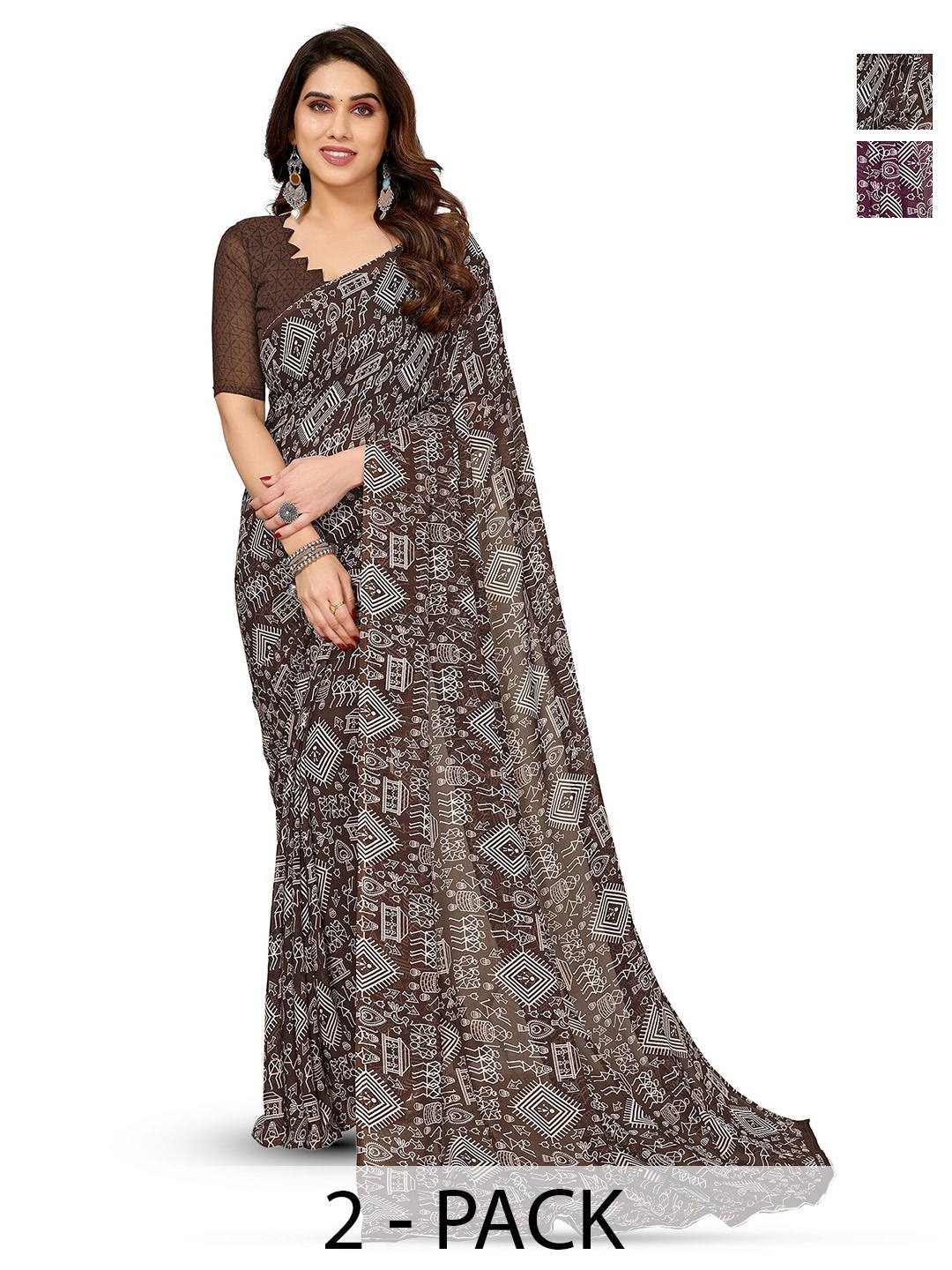 

ANAND SAREES Selection Of 2 Geometric Printed Sarees, Purple