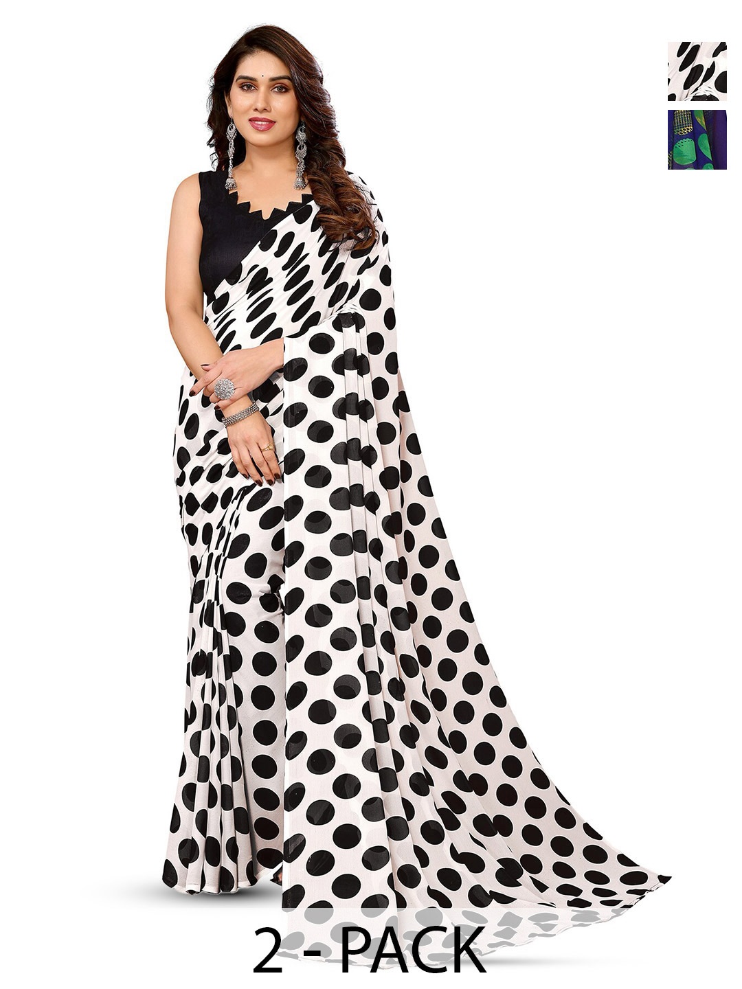 

ANAND SAREES Selection Of 2 Polka Dot Sarees, White