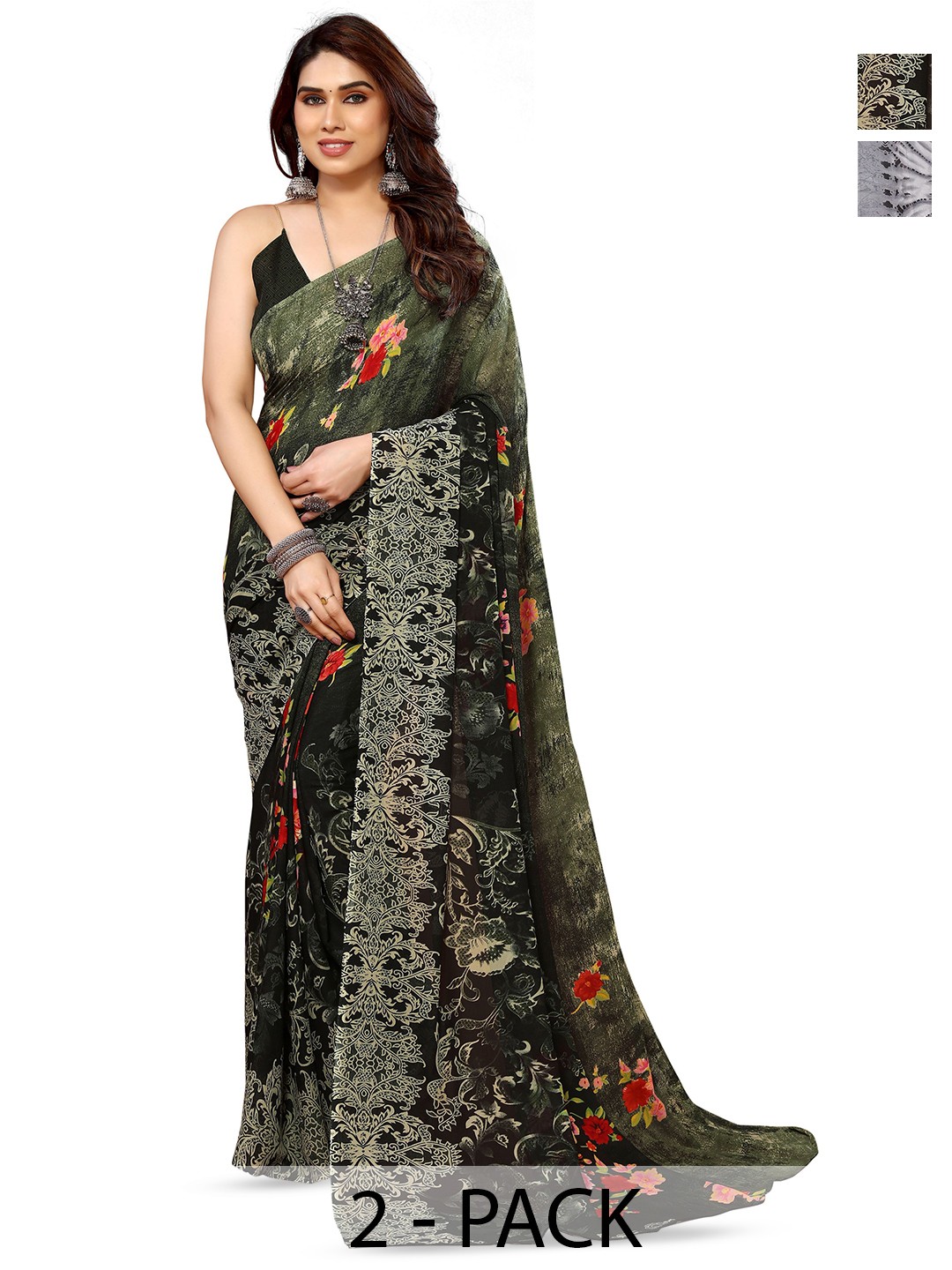 

ANAND SAREES Selection of 2 Floral Printed Sarees, Grey