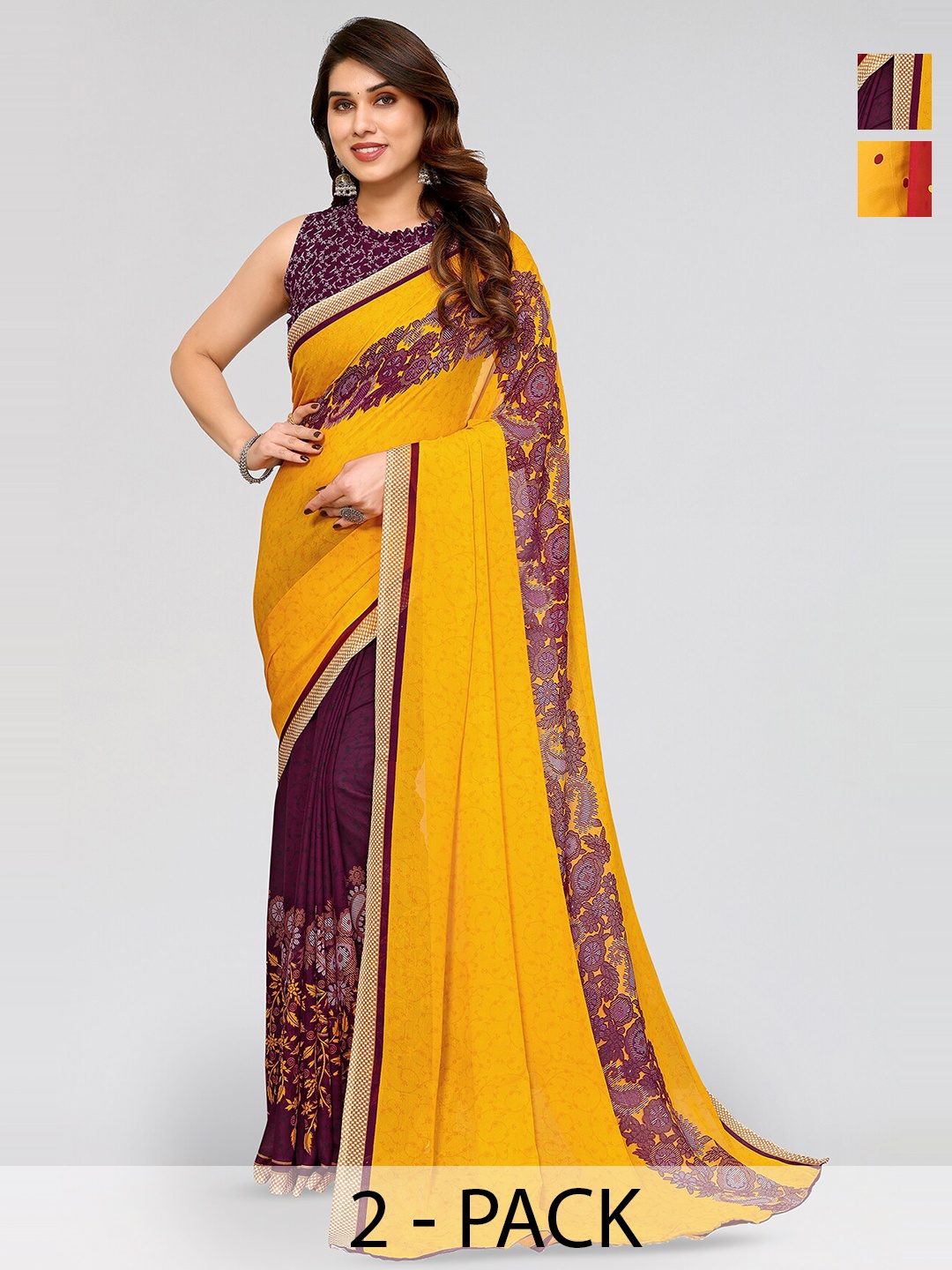 

ANAND SAREES Selection Of 2 Polka Dot Printed Saree, Yellow