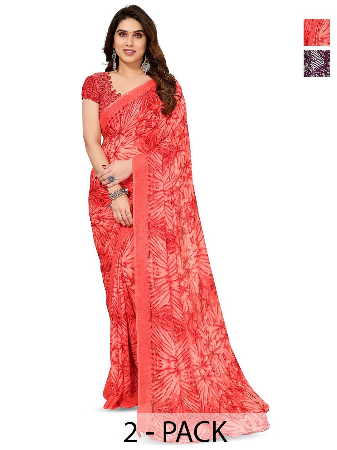 

ANAND SAREES Selection Of 2 Floral Printed Saree, Red