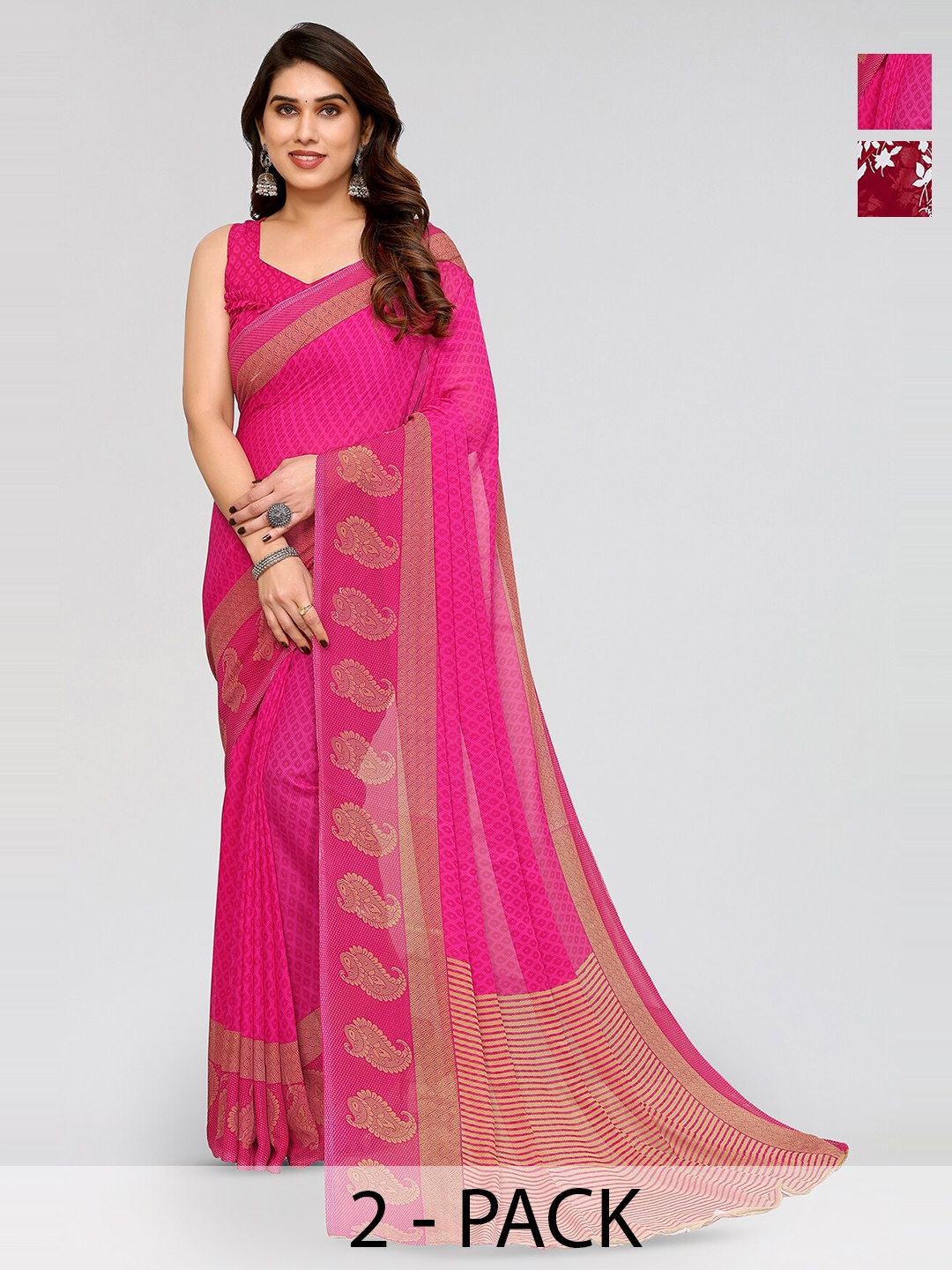 

ANAND SAREES Selection Of 2 Floral Printed Sarees, Red