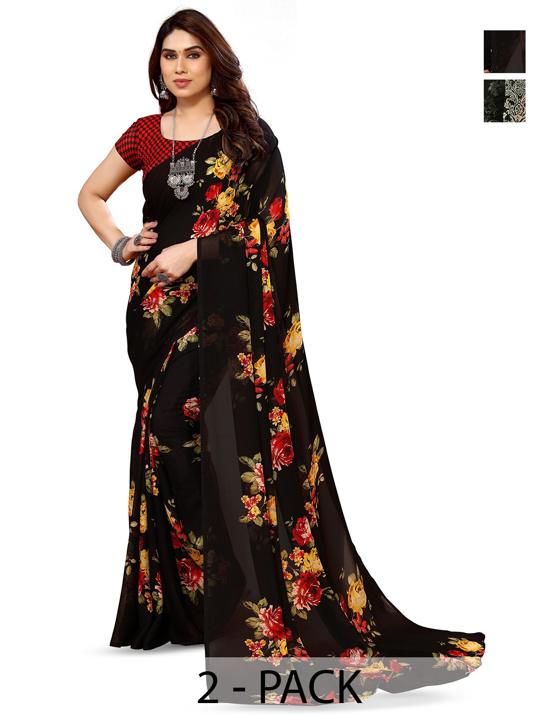 

ANAND SAREES Selection Of 2 Floral Printed Sarees, Red