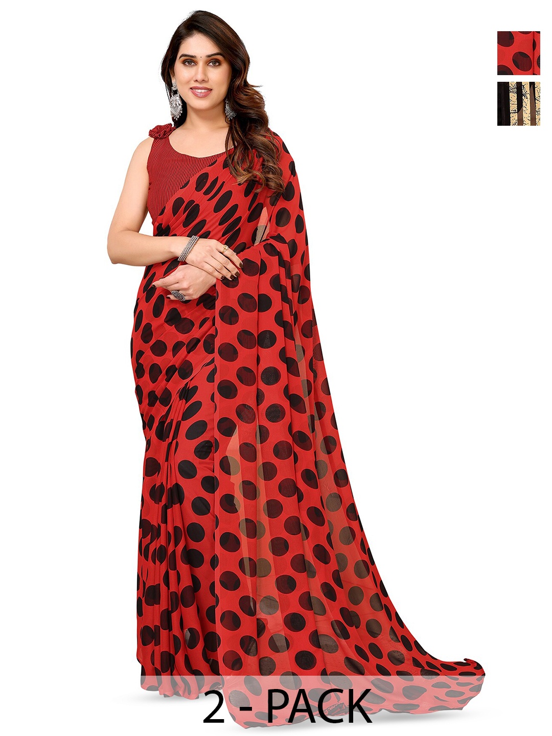 

ANAND SAREES Selection Of 2 Polka Dot Printed Saree, Red