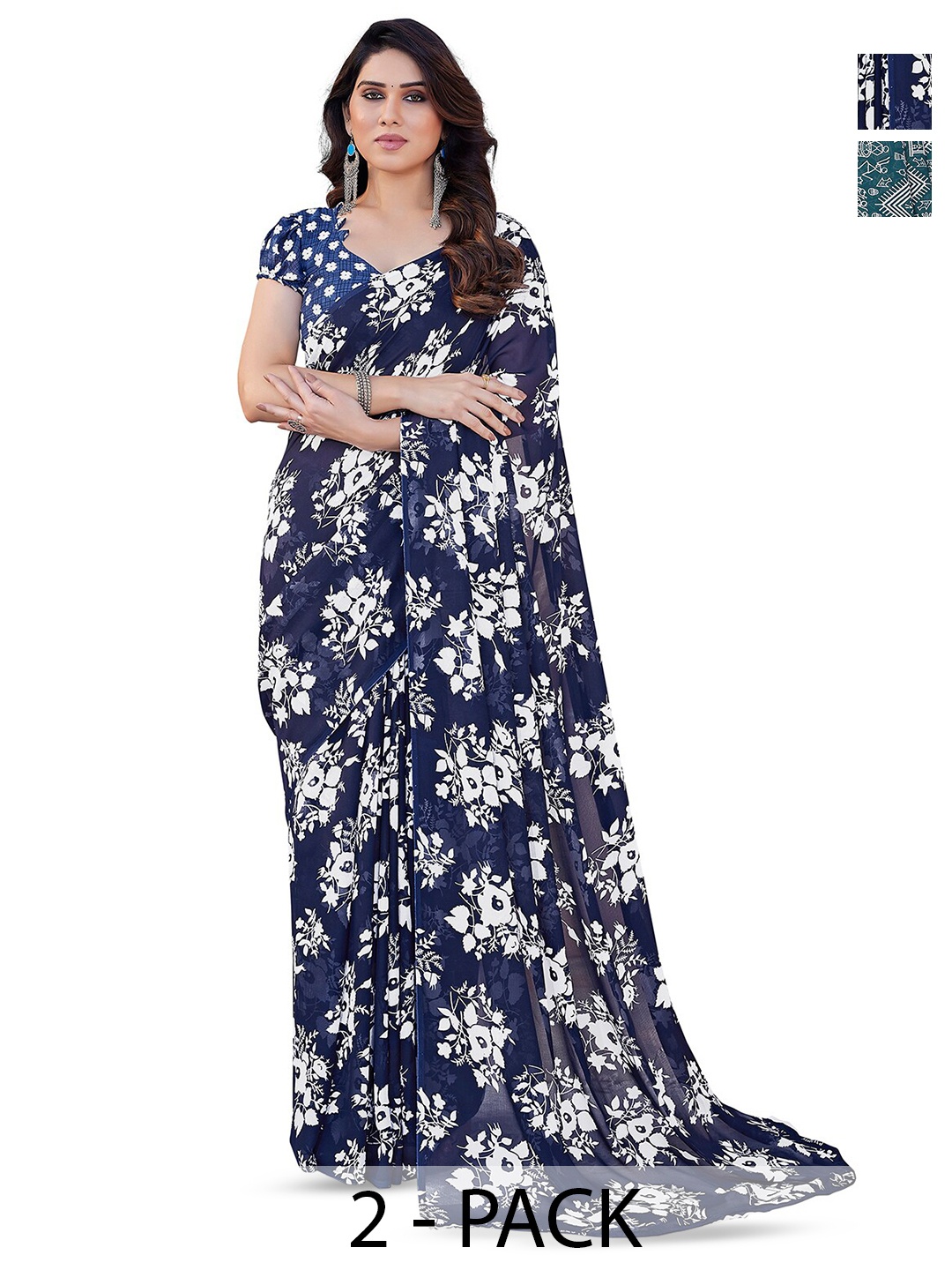 

ANAND SAREES Selection Of 2 Floral Printed Sarees, Blue