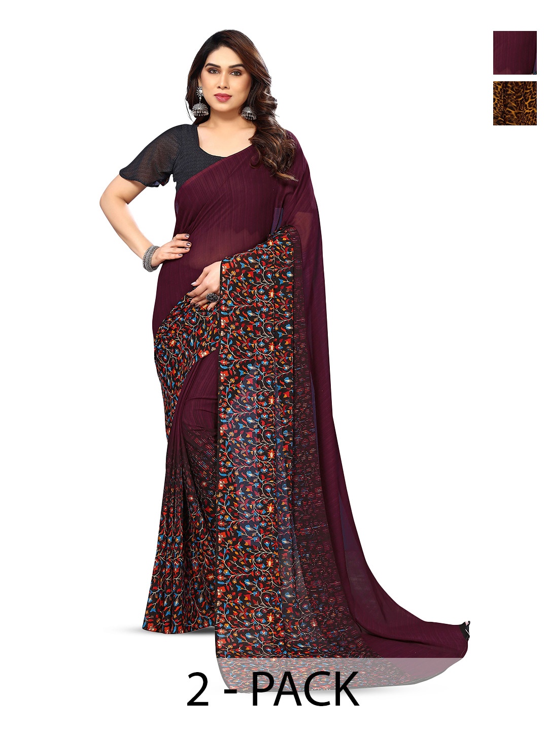 

ANAND SAREES Selection Of 2 Abstract Printed Saree, Burgundy