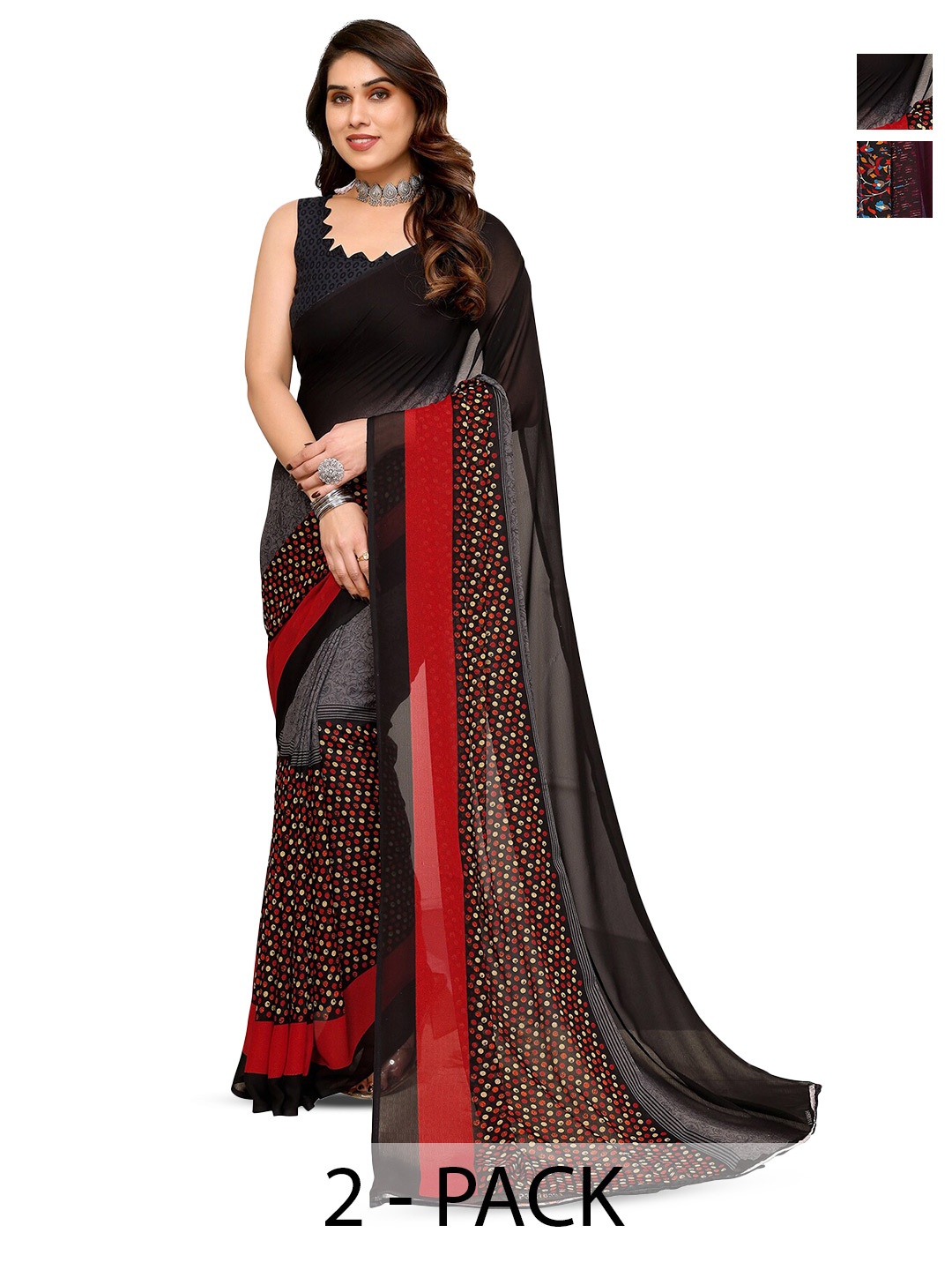 

ANAND SAREES Selection Of 2 Floral Printed Saree, Black