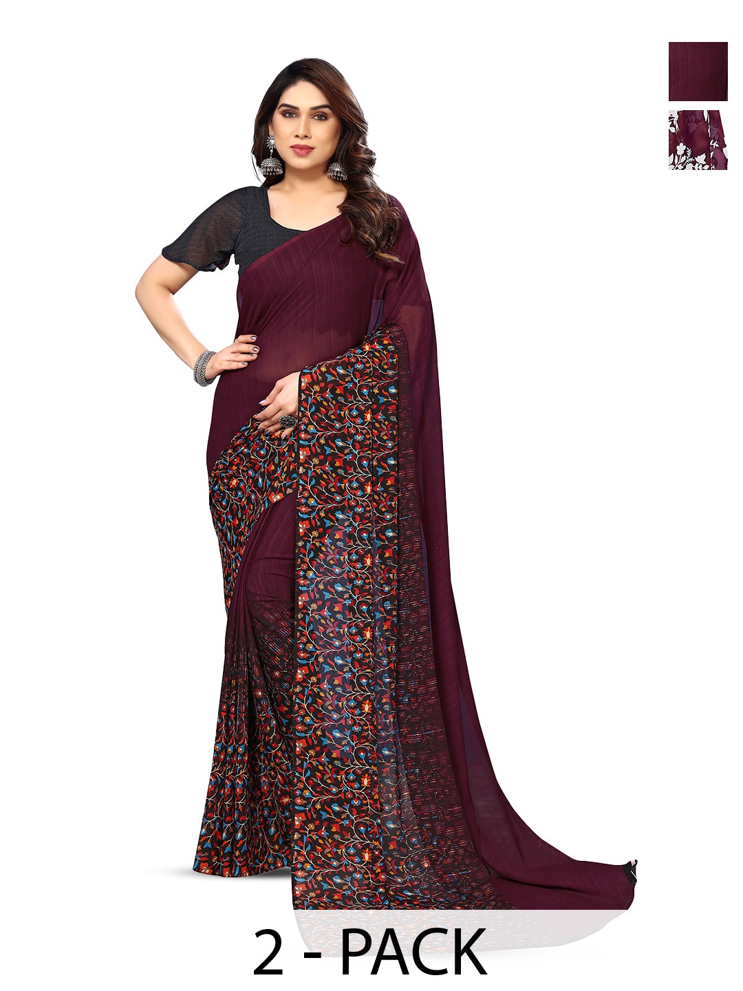 

ANAND SAREES Selection Of 2 Printed Sarees, Purple