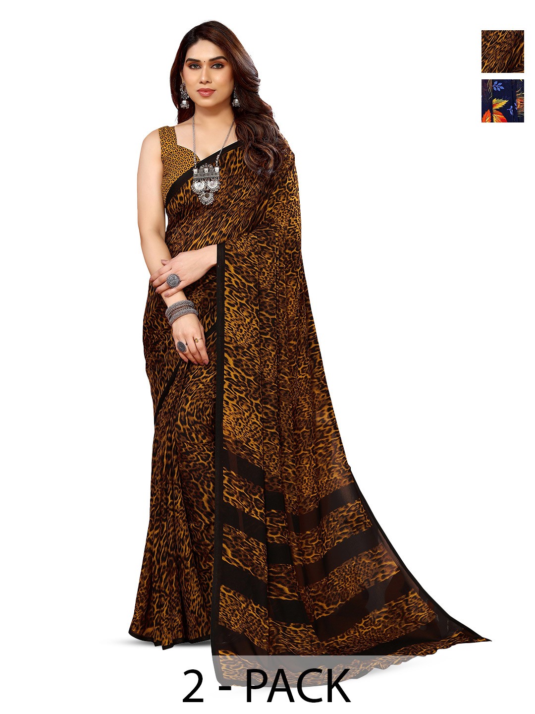 

ANAND SAREES Selection Of 2 Floral Printed Sarees, Blue