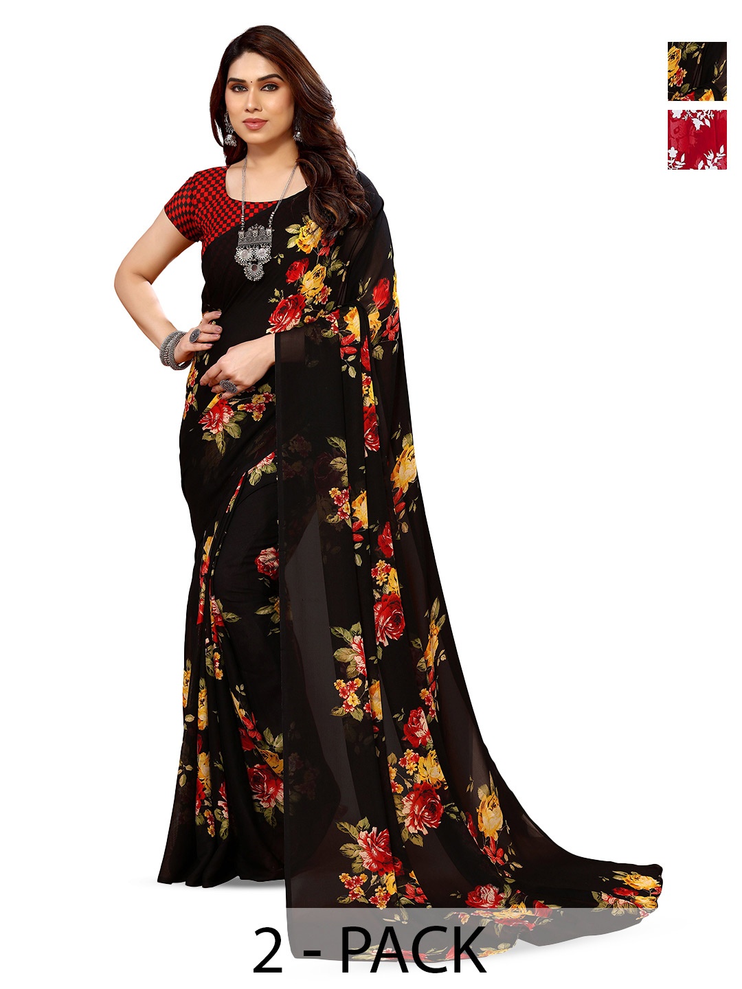 

ANAND SAREES Selection Of 2 Floral Printed Saree, Red