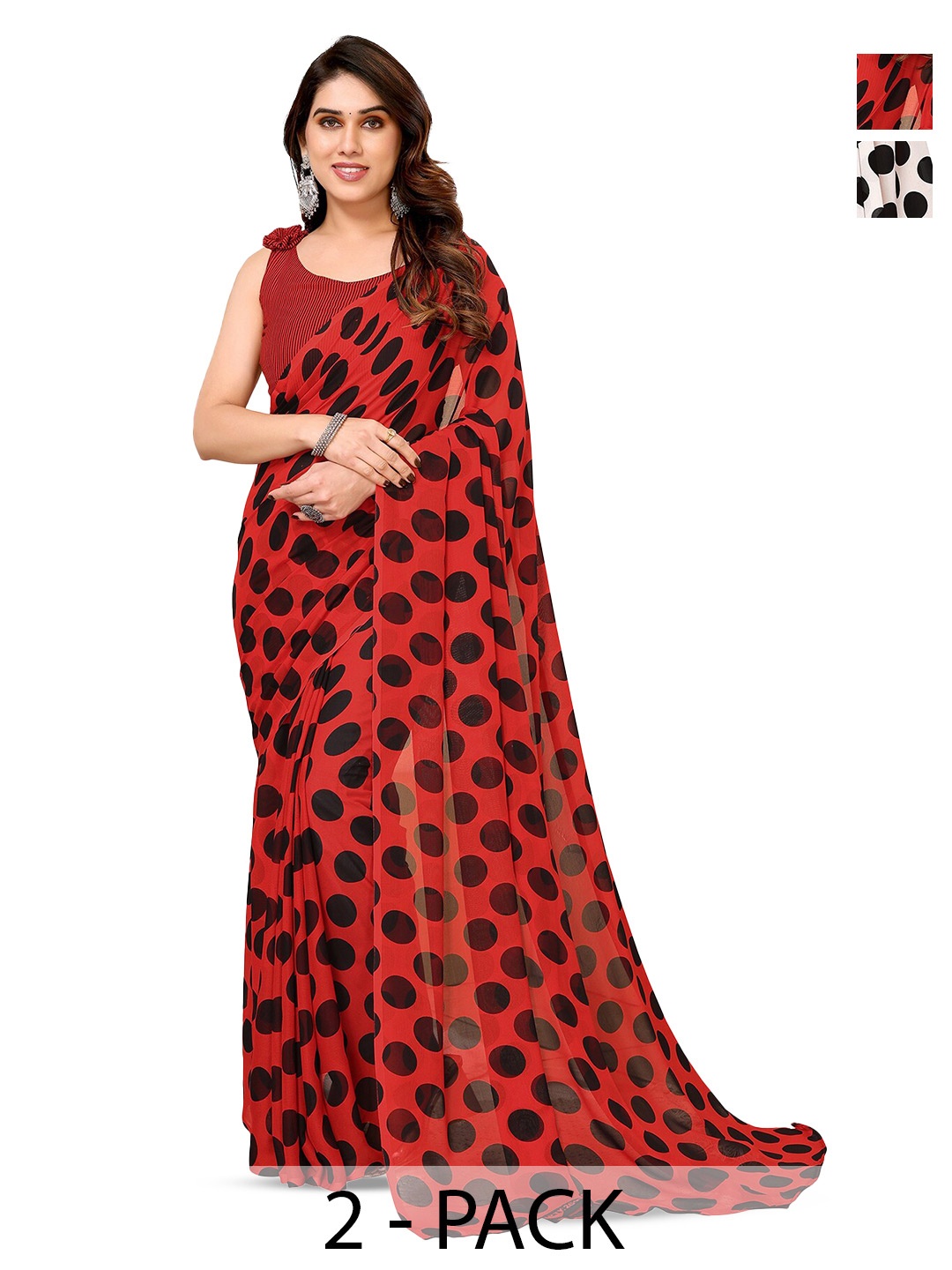 

ANAND SAREES Selection Of 2 Polka Dots Printed Sarees, Red